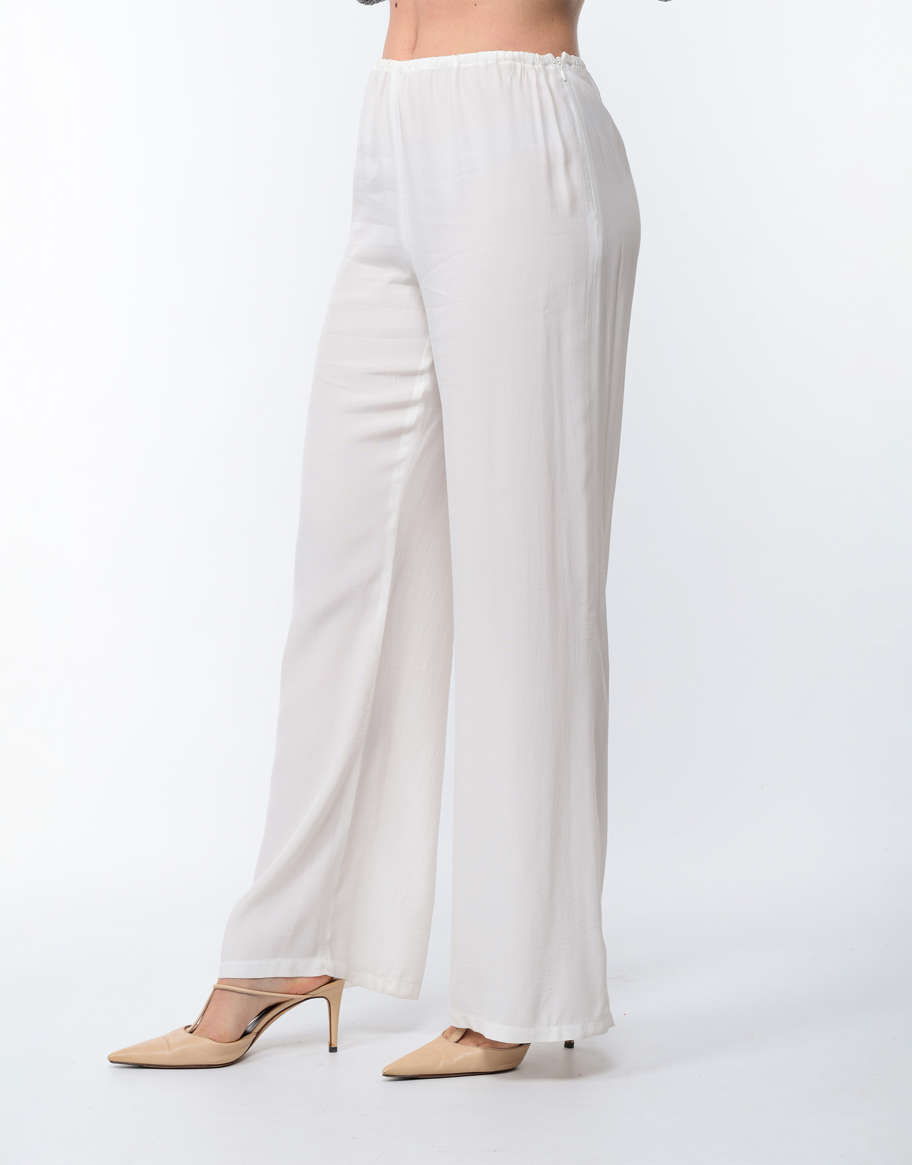 Flowing summer trousers in cotton crepe and white viscose or viscose and lilac silk